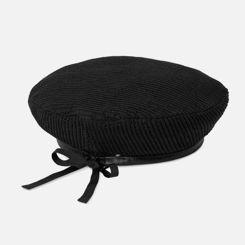 Nwt Gucci Malibu Gg Crochet Ribbon Leather Trim Beret Hat Black L